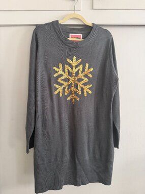 TIPSY ELVES GRAY WITH GOLD SNOWFLAKE SEQUIN SWEATER DRESS SZ XL HOLIDAY CHRISTMA